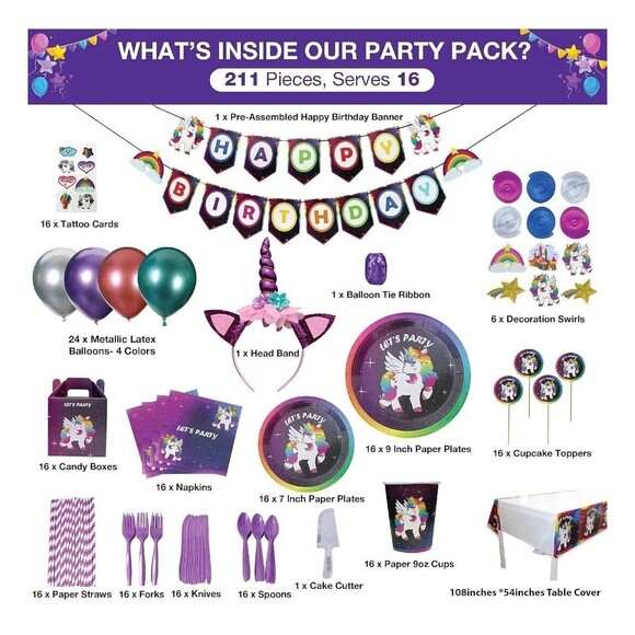 Serves 16- Unicorn Birthday Party Supplies - All in One Rainbow Unicorn - Picture 4 of 9
